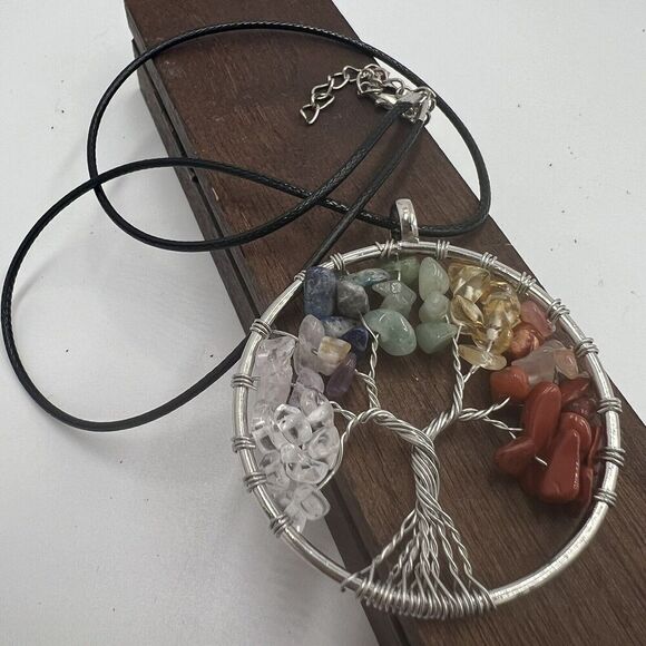 Natural Gemstone Tree Of Life Necklace Chakra Healing Wire Wrap Handmade Vegan - Picture 1 of 11